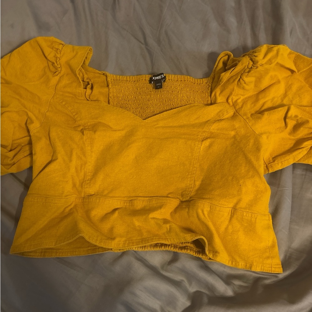 Express Mustard Yellow Puff Sleeve Crop Top